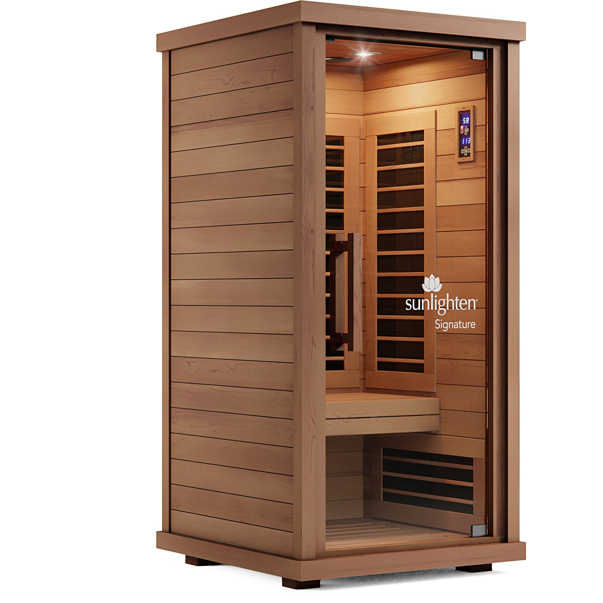 Sunlighten Signature I single-person infrared sauna in eucalyptus wood